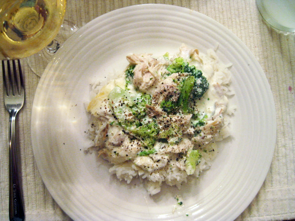 Chicken and Broccoli over white rice with Chardonnay; rustic into extraordinary.